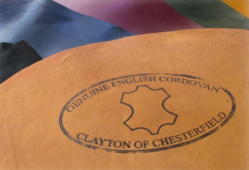 Finished hide of leather with pressed ink inscription: Genuine English Cordovan: Clayton of Chesterfield